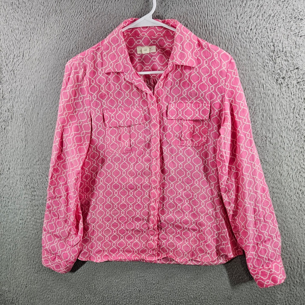 Charter Club Luxury Pink White Trellis Linen Button Down Shirt XS